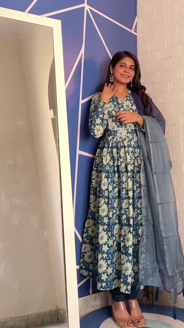 Floral Printed Anarkali Dresses – Elegant Navy Blue and Blue Floral Patterns with Matching Dupattas, Perfect for Casual and Festive Occasions