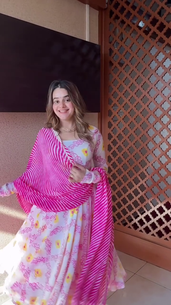 Floral Printed Long Anarkali Dress in White and Pink with Striped Dupatta - Image 2