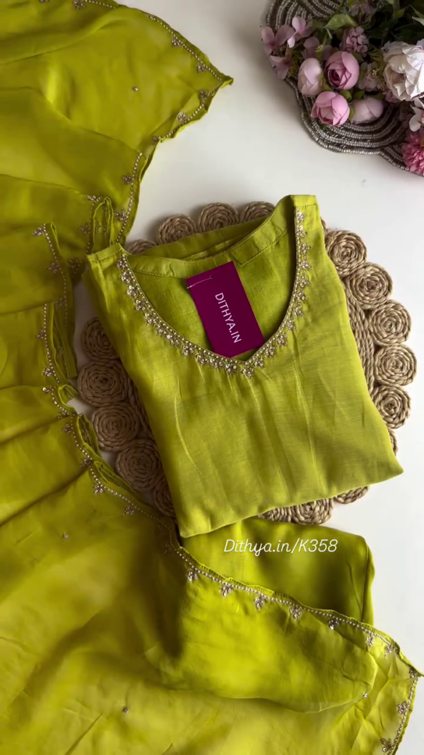 Elegant Henna Green Chikankari Embroidered Kurta Set with Floral Details and Beaded Border, Perfect for Festive and Traditional Occasions