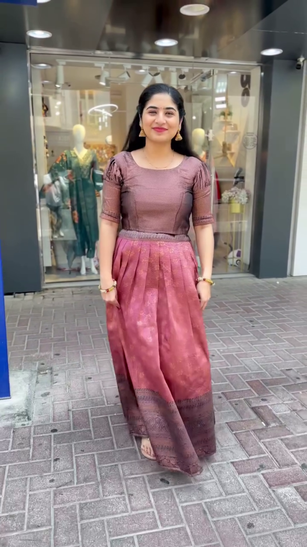 Rich Maroon Silk Skirt with Subtle Zari Weave Paired with Elegant Brown Puff-Sleeve Choli – A Graceful Ethnic Ensemble Perfect for Festive Occasions and Traditional Gatherings