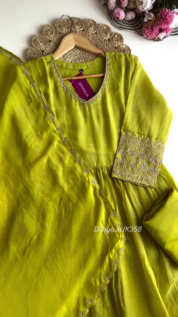 Elegant Henna Green Chikankari Embroidered Kurta Set with Floral Details and Beaded Border, Perfect for Festive and Traditional Occasions - Image 2
