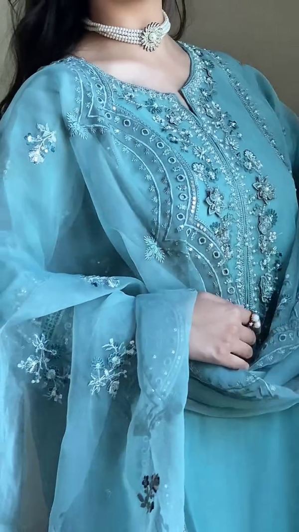Elegant Blue Embroidered Dress with Delicate Details Perfect for Special Occasions - Image 2