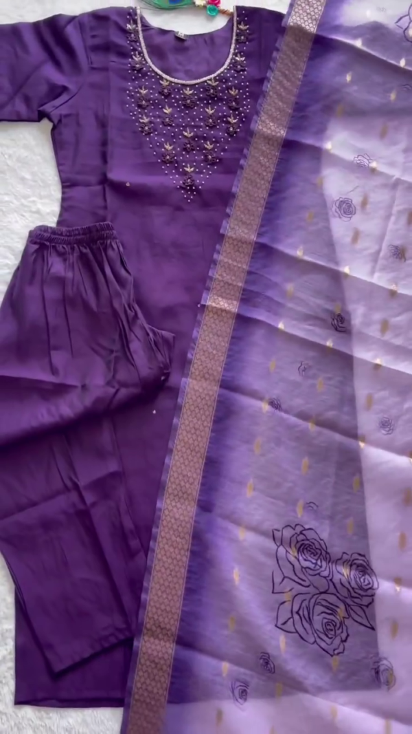 Royal Purple Kurti Set with Detailed Bead and Thread Embroidery – Soft Floral Printed Dupatta with Golden Motifs and Zari Border for a Graceful Ethnic Style - Image 2