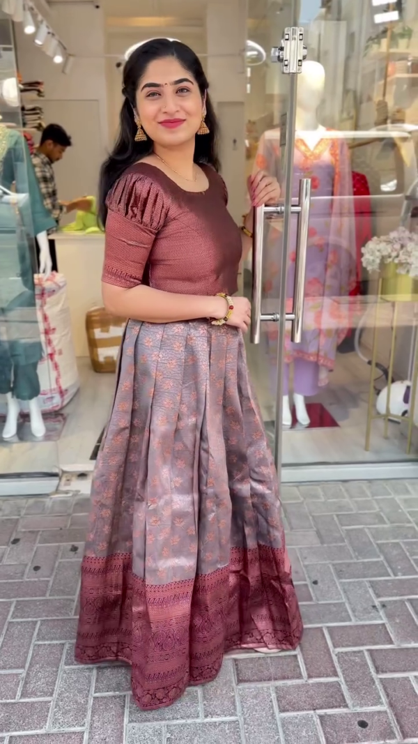 Rich Maroon Silk Skirt with Subtle Zari Weave Paired with Elegant Brown Puff-Sleeve Choli – A Graceful Ethnic Ensemble Perfect for Festive Occasions and Traditional Gatherings - Image 2