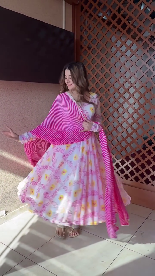 Floral Printed Long Anarkali Dress in White and Pink with Striped Dupatta