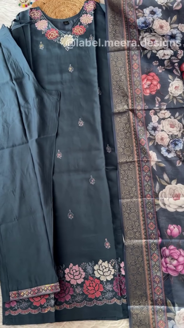 Elegant Navy Blue Embroidered Kurta Set with Intricate Floral Detailing at the Hem and Matching Floral Printed Dupatta for Festive or Semi-Formal Occasions. - Image 2