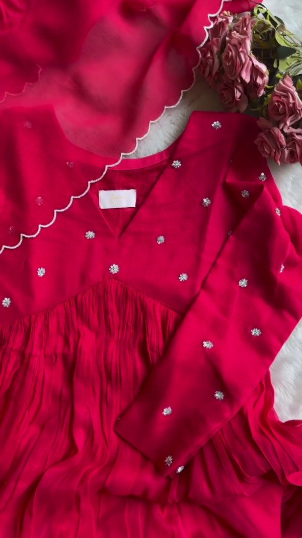 Elegant Fuchsia Pink Embroidered Dress with Pleated Detailing and Delicate Floral Embellishments - Image 2