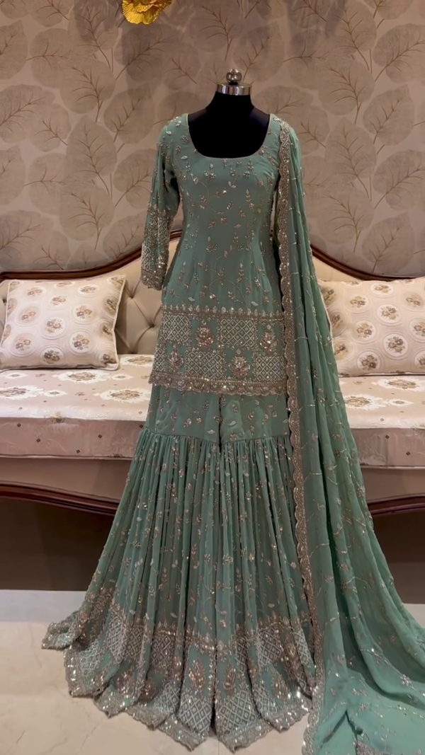 Mint Green Embroidered Anarkali Gown with Dupatta – Perfect for Festive Occasions. - Image 2