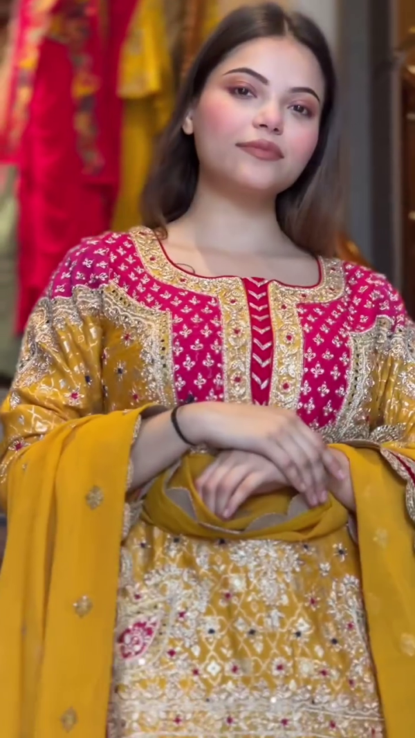 Stunning Yellow Embroidered Anarkali Dress with Intricate Detailing and Matching Dupatta, Perfect for Festive and Wedding Occasions - Image 2