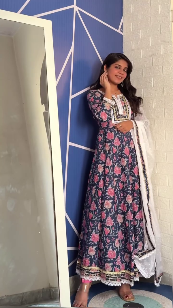 Floral Printed Anarkali Dresses – Elegant Navy Blue and Blue Floral Patterns with Matching Dupattas, Perfect for Casual and Festive Occasions - Image 2