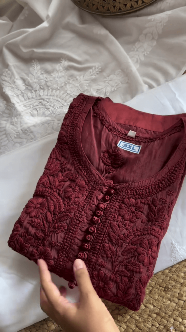 Deep Maroon Hand-Embroidered Cotton Kurta with Front Button Detailing and Rich Floral Thread Work – Plus Size Ethnic Wear