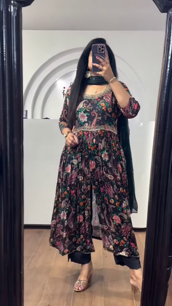 Floral Printed Anarkali Dresses – Black and Green Floral Design with Sheer Dupatta, Perfect for Festive Occasions - Image 2