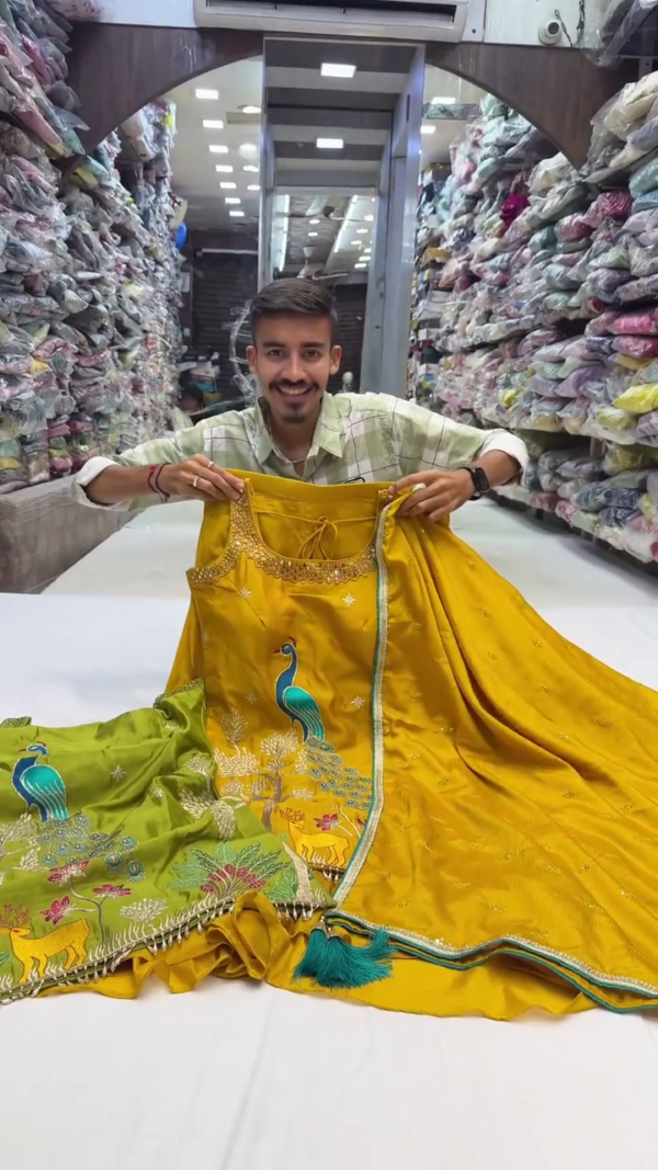 Vibrant Yellow and Green Embroidered Anarkali Set with Intricate Peacock and Floral Motifs, Perfect for Festive and Traditional Celebrations