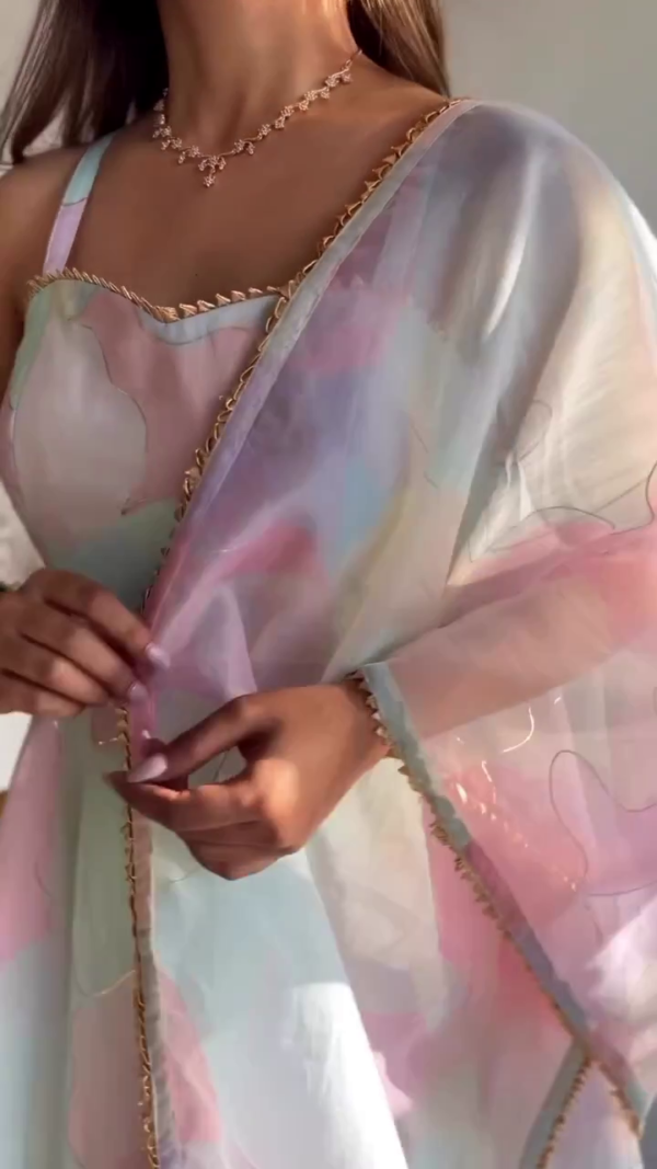 Pastel Ombre Floral A-Line Dress with Delicate Beaded Detailing and Sheer Dupatta for a Soft and Elegant Look - Image 2