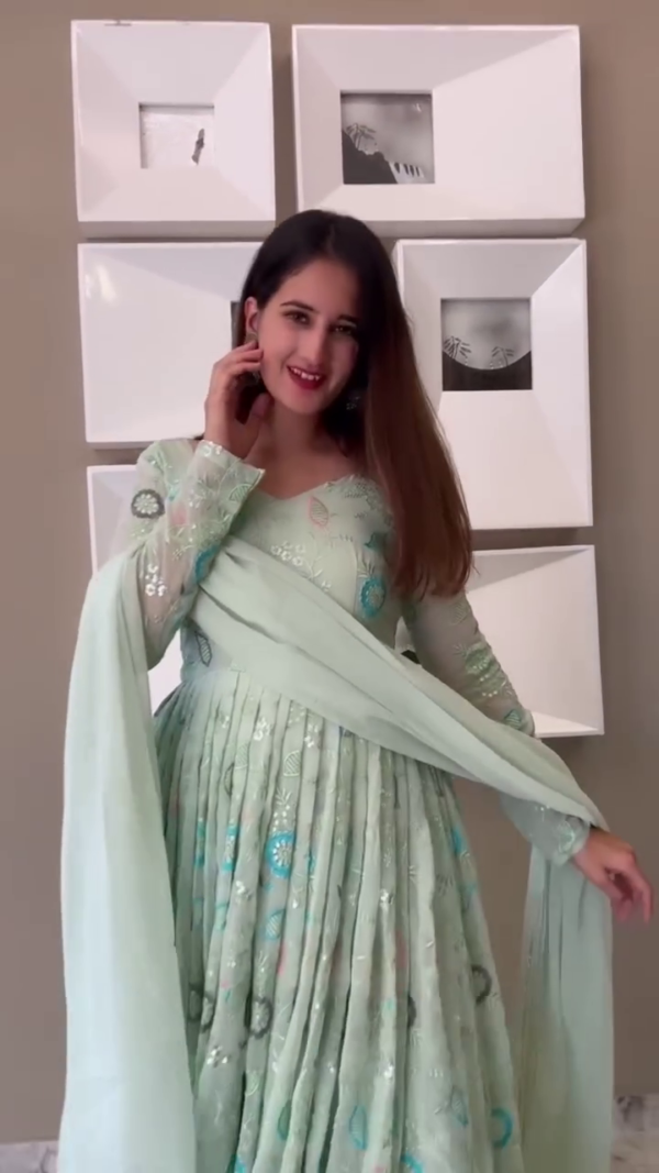 Soft Mint Green Pleated Anarkali Dress with Delicate Floral Embroidery and Matching Dupatta