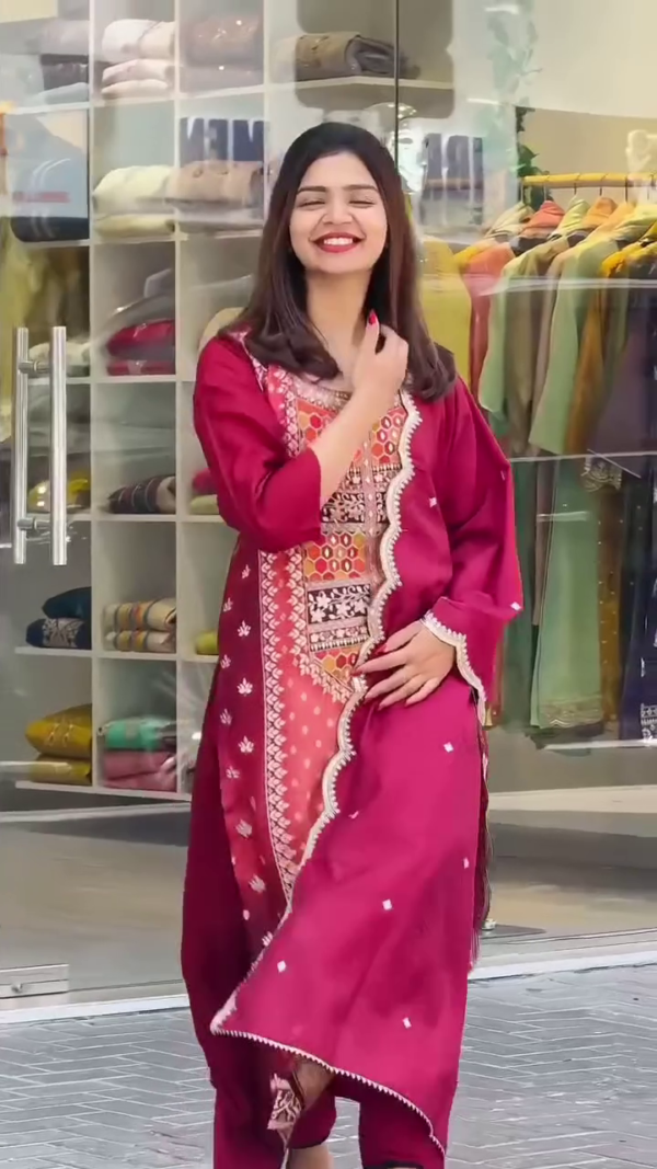 Red and Maroon Traditional Embroidered Anarkali Dress with Elegant Border Detailing and Embellished Dupatta, Perfect for Festive and Formal Occasions