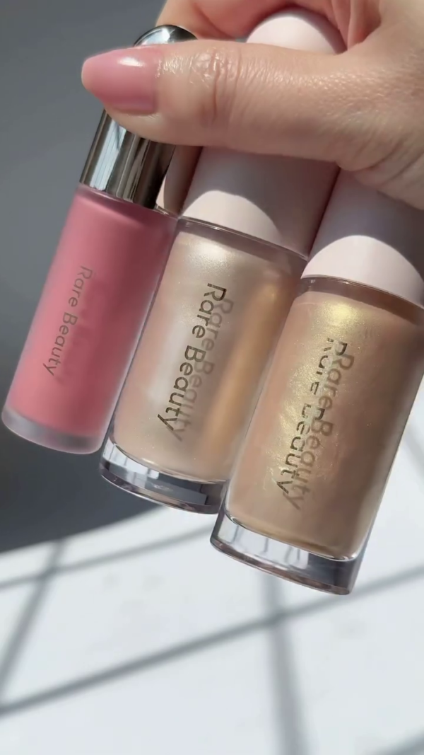 Rare Beauty Collection Featuring a Soft Pink Blush and Two Glowy Highlighters, Perfect for Adding a Radiant and Luminous Finish to Your Makeup Look