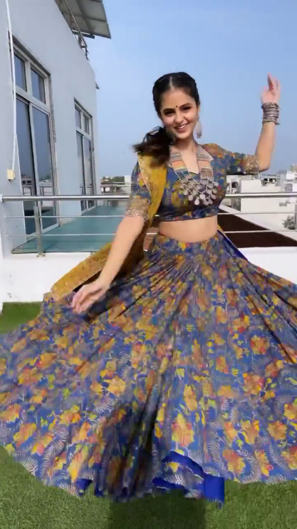 Blue & Mustard Floral Print Lehenga Choli with Mirror Work Blouse and Contrast Dupatta – Vibrant Festive Wear