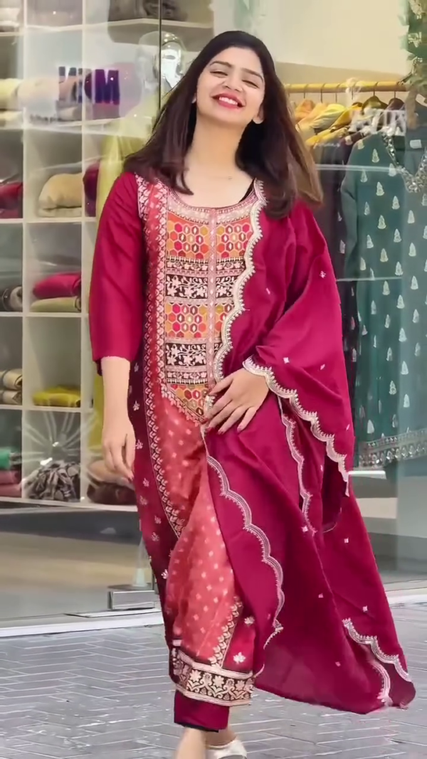 Red and Maroon Traditional Embroidered Anarkali Dress with Elegant Border Detailing and Embellished Dupatta, Perfect for Festive and Formal Occasions - Image 2