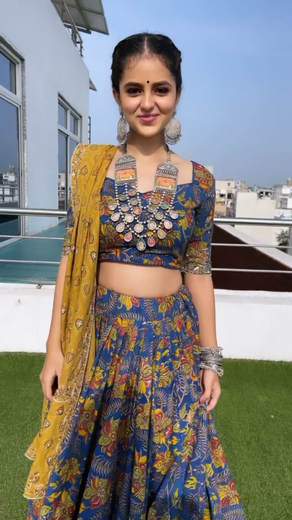 Blue & Mustard Floral Print Lehenga Choli with Mirror Work Blouse and Contrast Dupatta – Vibrant Festive Wear - Image 2