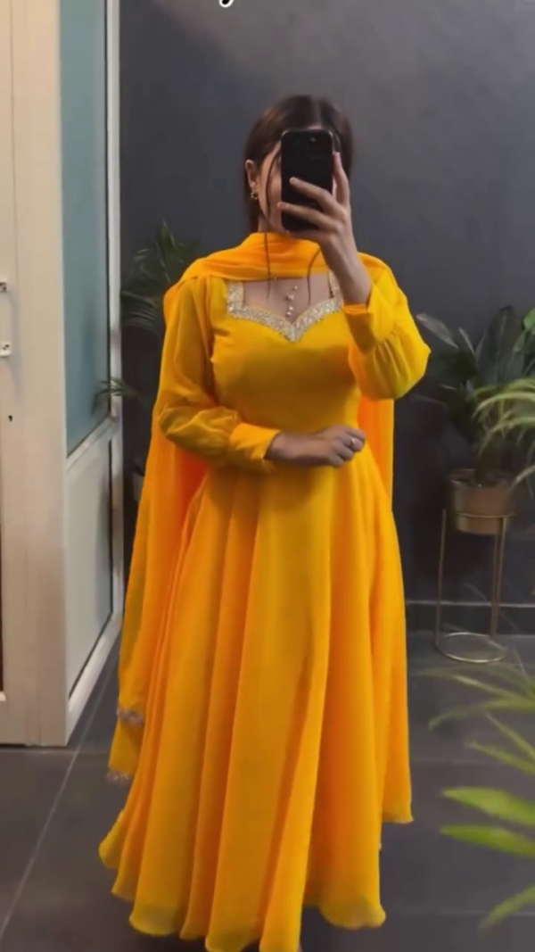 Bright Yellow Anarkali Dress with Elegant Embroidery at the Neckline and Flowing Sheer Dupatta – Perfect for Festive or Casual Occasions - Image 2