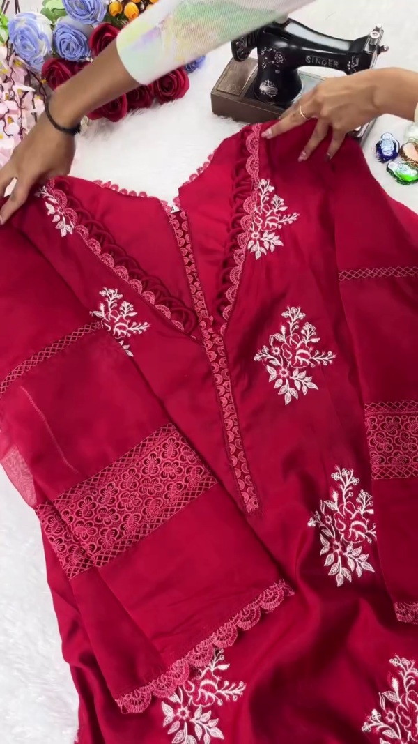 Charming Red Embroidered Kurta with Lace Detailing – Perfect for Traditional and Festive Occasions - Image 2
