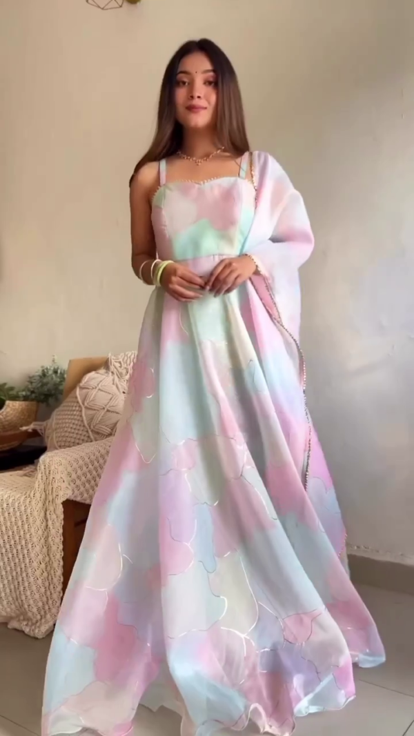Pastel Ombre Floral A-Line Dress with Delicate Beaded Detailing and Sheer Dupatta for a Soft and Elegant Look