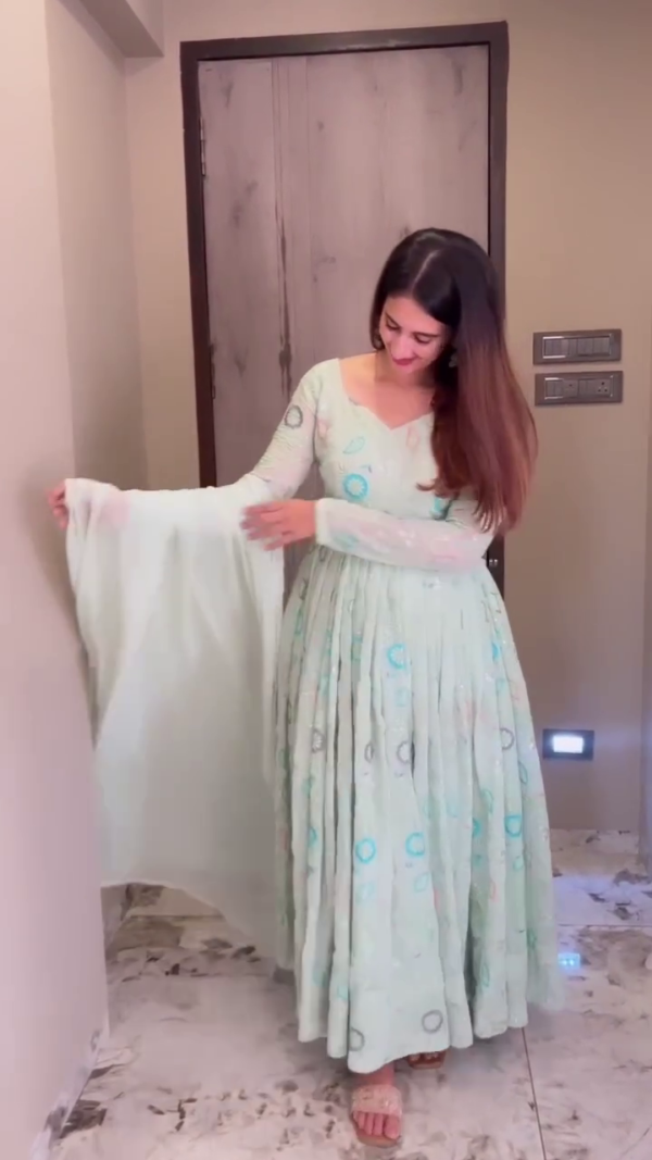 Soft Mint Green Pleated Anarkali Dress with Delicate Floral Embroidery and Matching Dupatta - Image 2