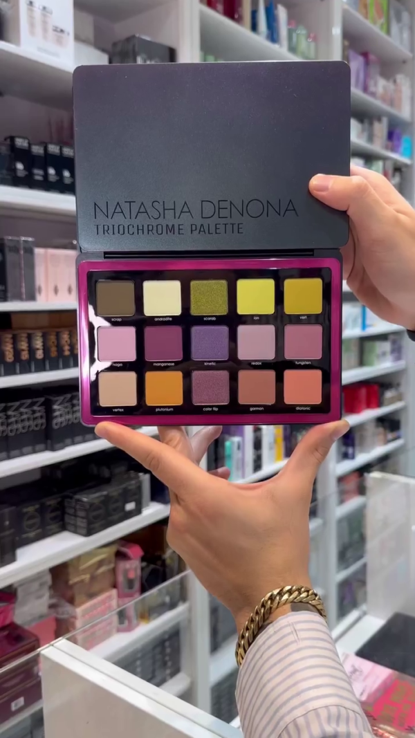Natasha Denona Triochrome Palette, featuring a stunning mix of bold, multichromatic shades. The unique colors shift depending on the light
