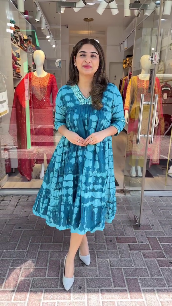 Vibrant Blue Tie-Dye Flared Dress with Mirror Work Neckline – Featuring 3/4th Sleeves and Flowy Silhouette – Perfect for Brunches, Vacations, and Summer Day Outings