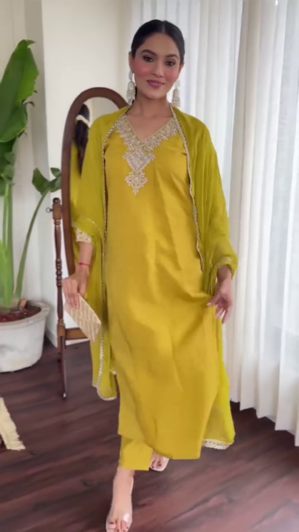 Yellow Embroidered Anarkali Dress with Intricate Gold Detailing and Matching Chiffon Dupatta for Traditional and Festive Occasions