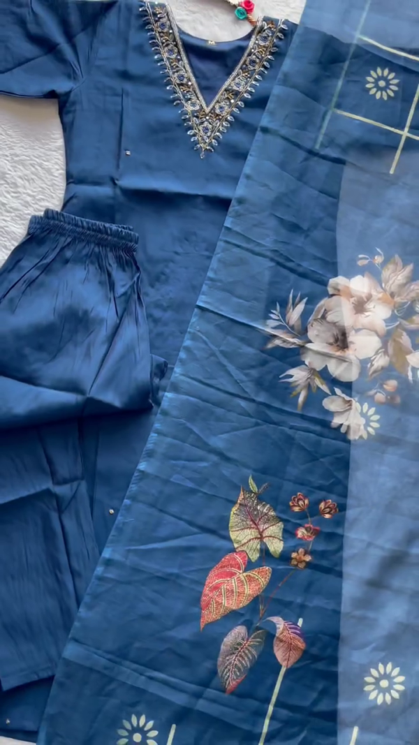 Royal Blue Straight-Fit Kurta Set with V-Neck Intricate Embroidery – Paired with a Soft Organza Dupatta Featuring Nature-Inspired Floral & Leafy Prints – A Refined Pick for Everyday Elegance & Occasions Alike - Image 2