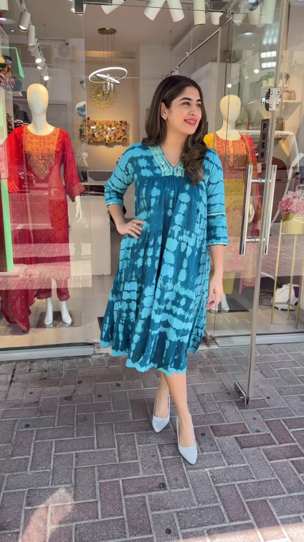 Vibrant Blue Tie-Dye Flared Dress with Mirror Work Neckline – Featuring 3/4th Sleeves and Flowy Silhouette – Perfect for Brunches, Vacations, and Summer Day Outings - Image 2