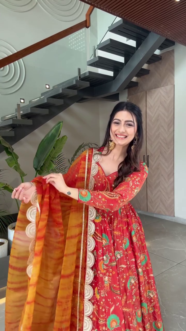 Traditional Red and Orange Floral Anarkali Dress with Embellished Dupatta and Elegant Border Detailing
