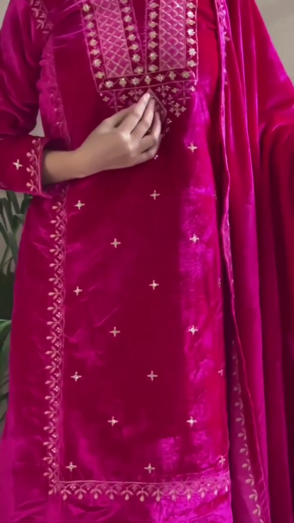 Luxurious Pink Velvet Anarkali Suit with Intricate Embroidery and Matching Dupatta - Image 2