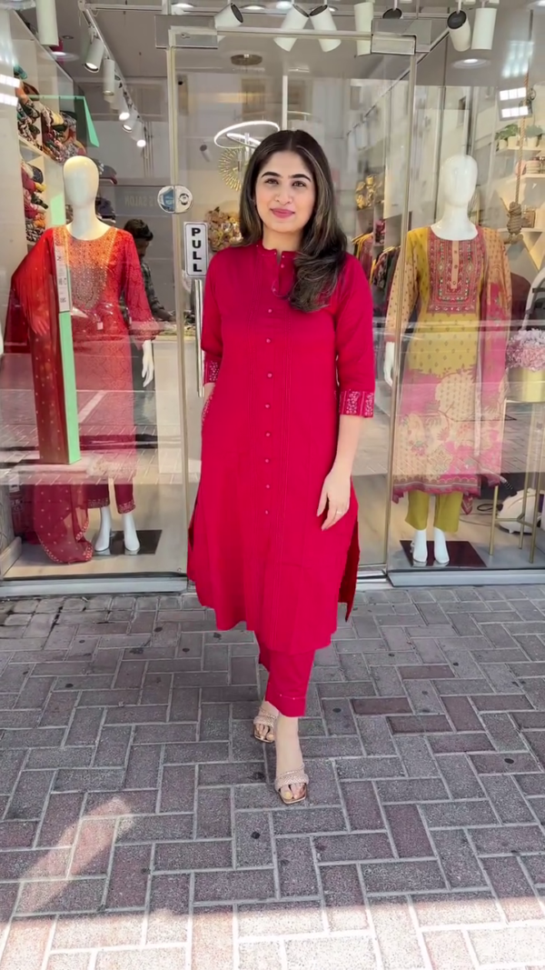 Chic Red Straight-Cut Kurta Set with Subtle Pintuck Detailing and Embroidered Cuffs – Featuring a Mandarin Collar and Tapered Pants – Ideal for Casual Outings, Office Wear, and Festive Gatherings
