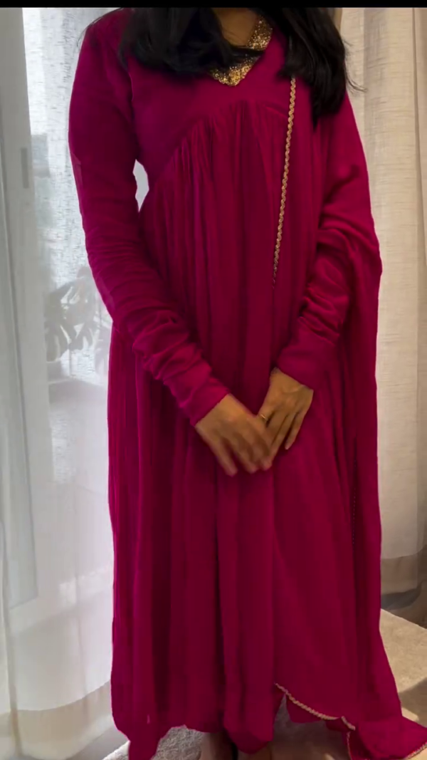Charming Magenta Anarkali Dress with Pleated Design and Pearl Detailing – Perfect for Casual and Festive Occasions - Image 2
