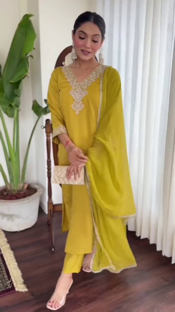 Yellow Embroidered Anarkali Dress with Intricate Gold Detailing and Matching Chiffon Dupatta for Traditional and Festive Occasions - Image 2