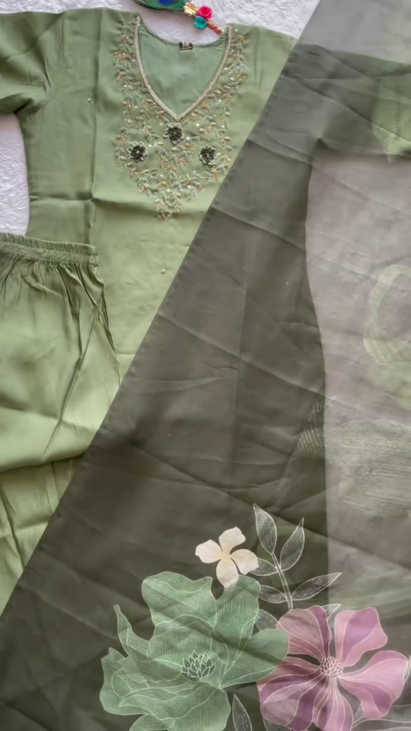 Pastel Sage Green Straight-Cut Kurta Set with Delicate Embroidered Neckline – Paired with a Flowing Organza Dupatta Featuring Soft Multicolor Floral Motifs – A Breezy Blend of Subtle Elegance & Everyday Comfort. - Image 2