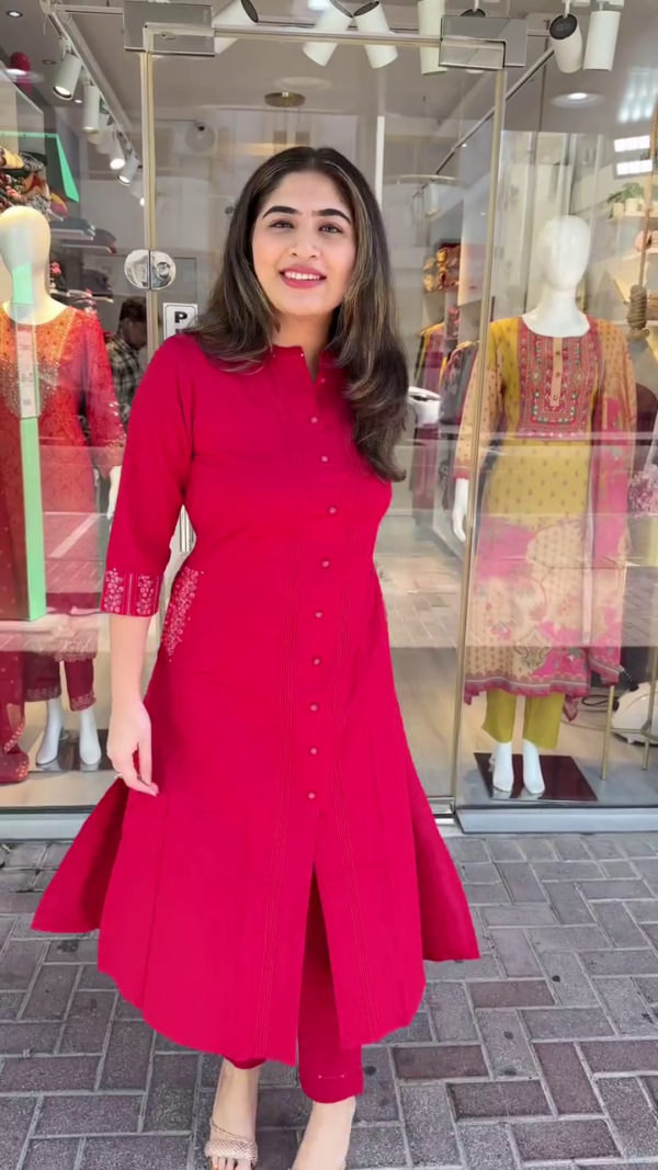 Chic Red Straight-Cut Kurta Set with Subtle Pintuck Detailing and Embroidered Cuffs – Featuring a Mandarin Collar and Tapered Pants – Ideal for Casual Outings, Office Wear, and Festive Gatherings - Image 2