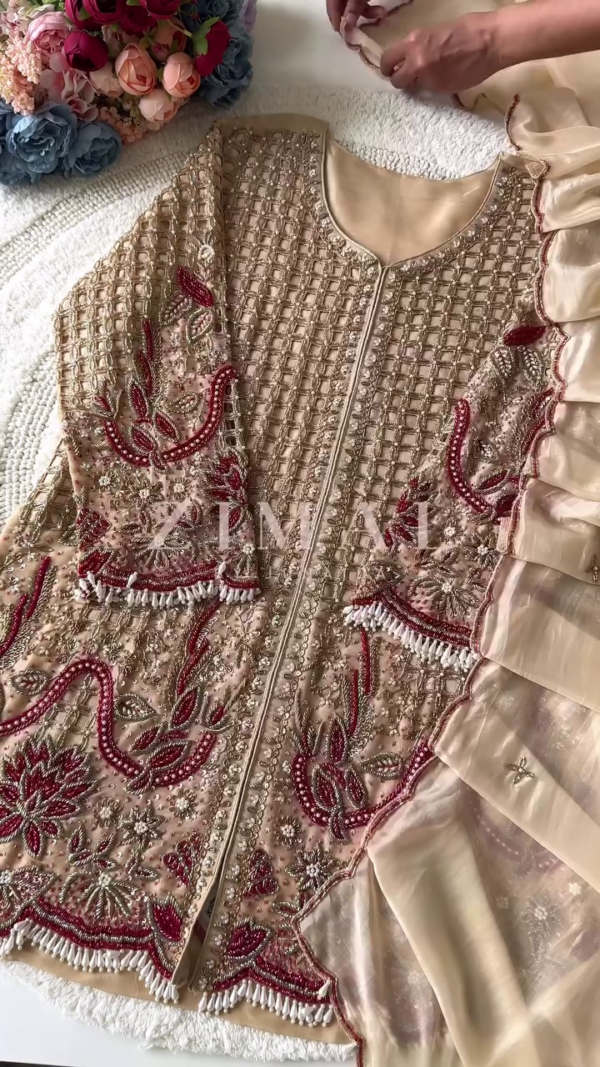 Elegant Beige and Maroon Embroidered Long Kurta with Intricate Beadwork and Sequins, Paired with a Sheer Dupatta for a Graceful Festive Look - Image 2