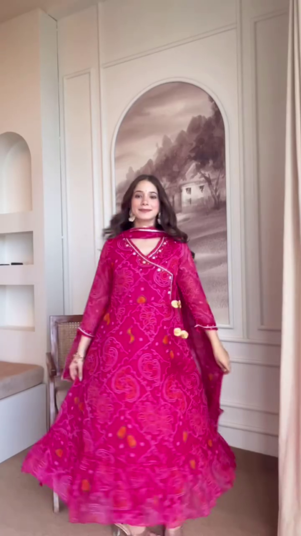 Vibrant Pink Embroidered Anarkali Dress with Sheer Dupatta – Perfect for Weddings and Festive Celebrations - Image 2