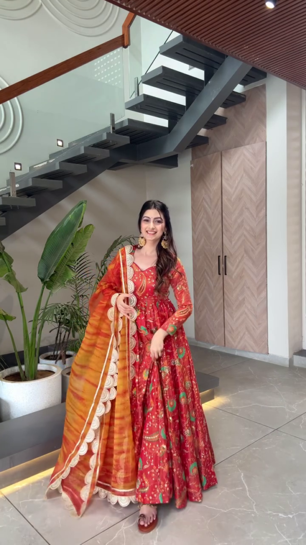 Traditional Red and Orange Floral Anarkali Dress with Embellished Dupatta and Elegant Border Detailing - Image 2