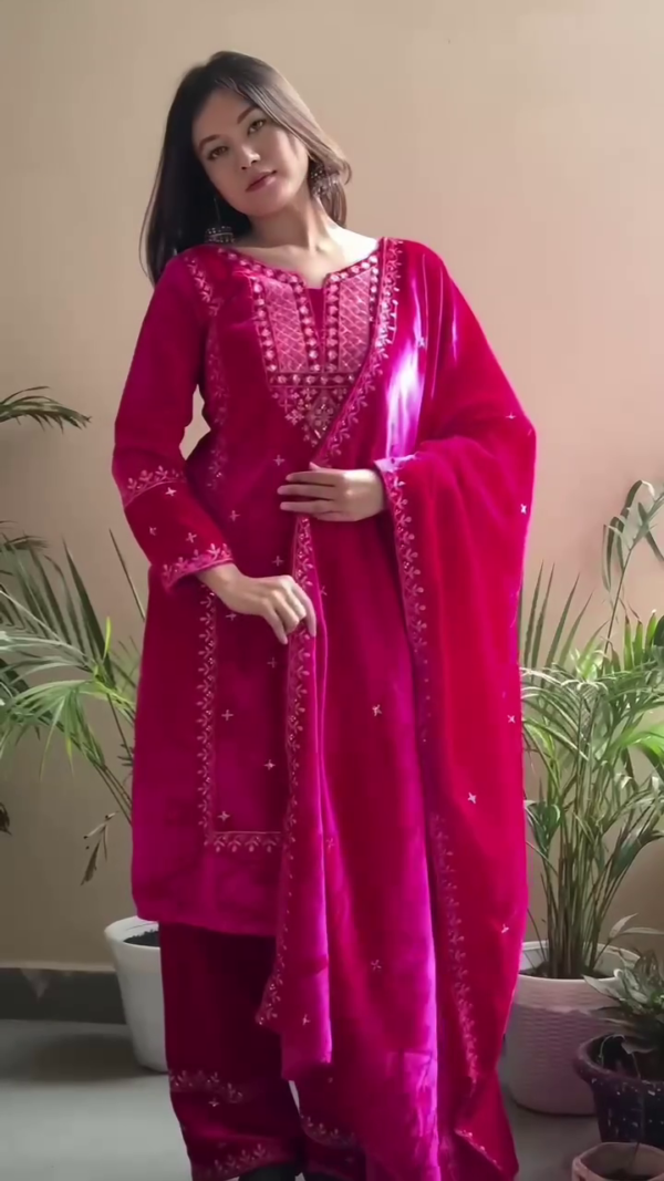 Luxurious Pink Velvet Anarkali Suit with Intricate Embroidery and Matching Dupatta