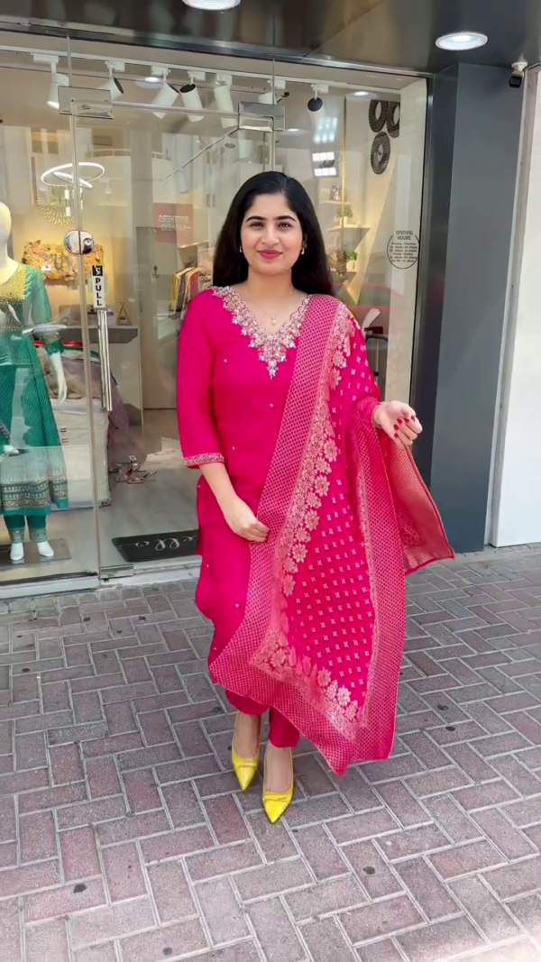 Elegant Short Kurta Suit Sets in Bold Red and Rani Pink Shades – Featuring Delicate Sequin Embroidery, Intricate Thread Work, and Contrasting Dupattas in Net and Organza – Perfect for Festive Gatherings, Traditional Events, and Everyday Ethnic Glamour - Image 2