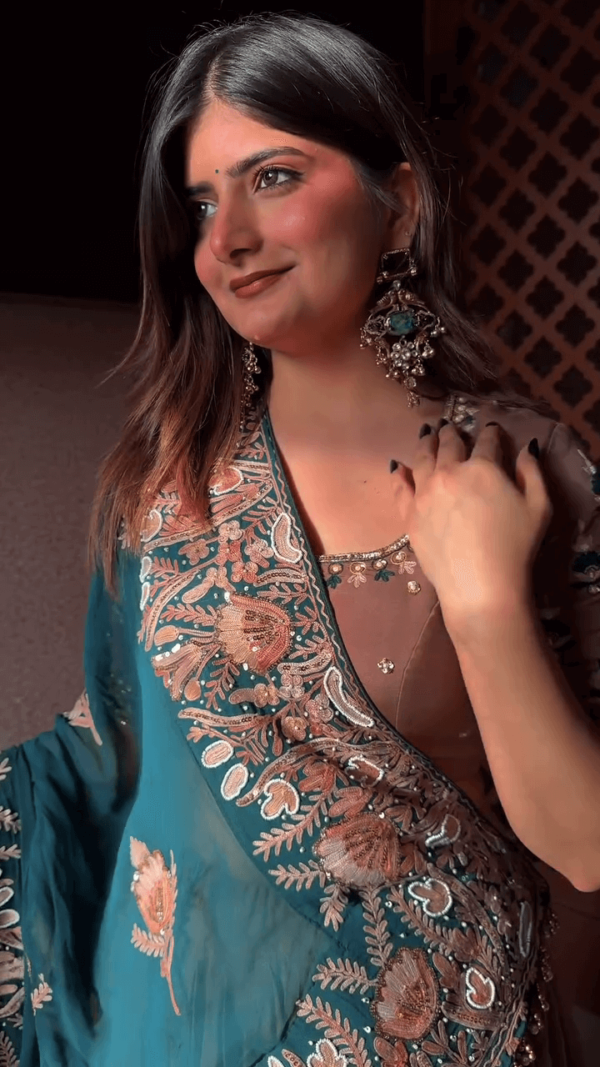 Elegant Brown Lehenga Set with Teal Embroidered Dupatta – Featuring Rich Floral Threadwork and Pearl Detailing for Festive and Wedding Wear - Image 2