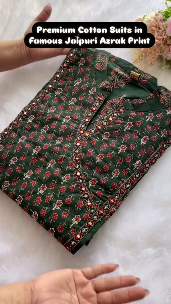 Premium Cotton Kurta Suit Set Featuring Authentic Jaipuri Ajrak Print with Intricate Floral Motifs and Elegant Neck Detailing