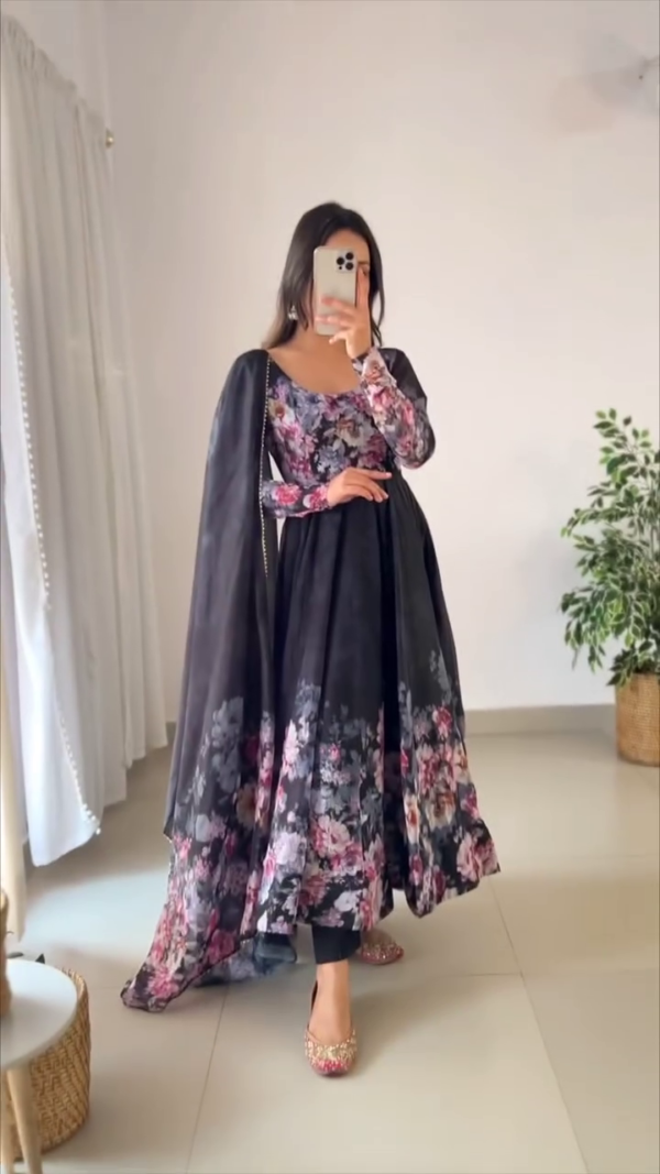Elegant Black Floral Anarkali Kurta Set Featuring All-Over Bloom Print in Shades of Pink and Grey with Full Sleeves, Flowing Silhouette, and Matching Dupatta – A Graceful Ethnic Ensemble Perfect for Evening Functions, Celebrations, and Festive Wear