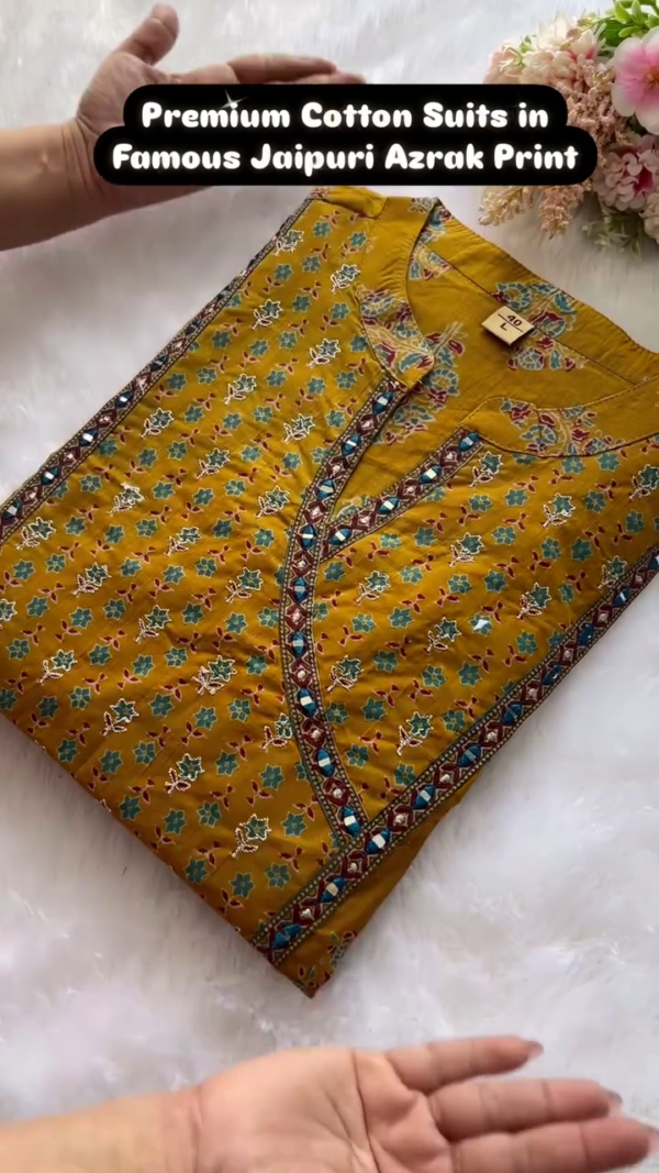 Premium Cotton Kurta Suit Set Featuring Authentic Jaipuri Ajrak Print with Intricate Floral Motifs and Elegant Neck Detailing - Image 2