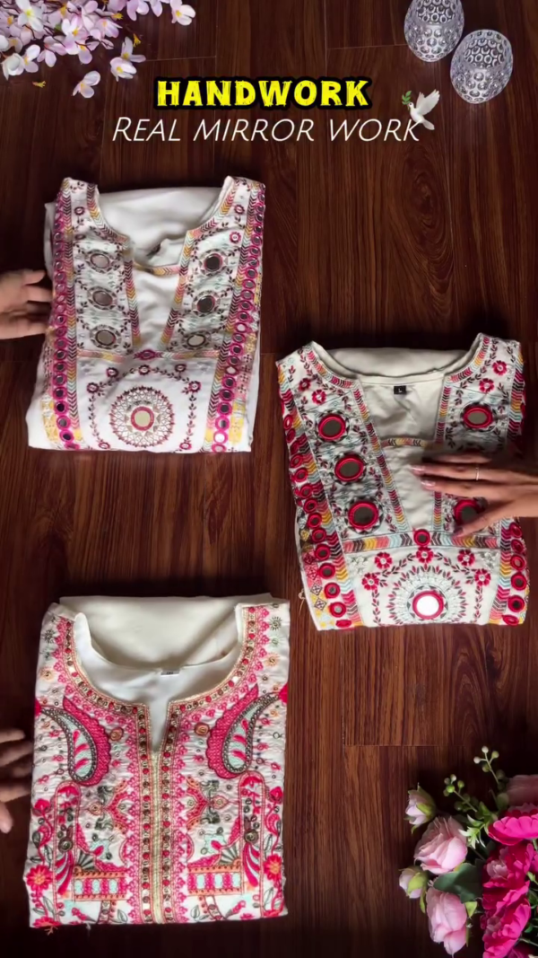 A collection of beautifully crafted ethnic outfits featuring real mirror work and intricate hand embroidery in vibrant colors